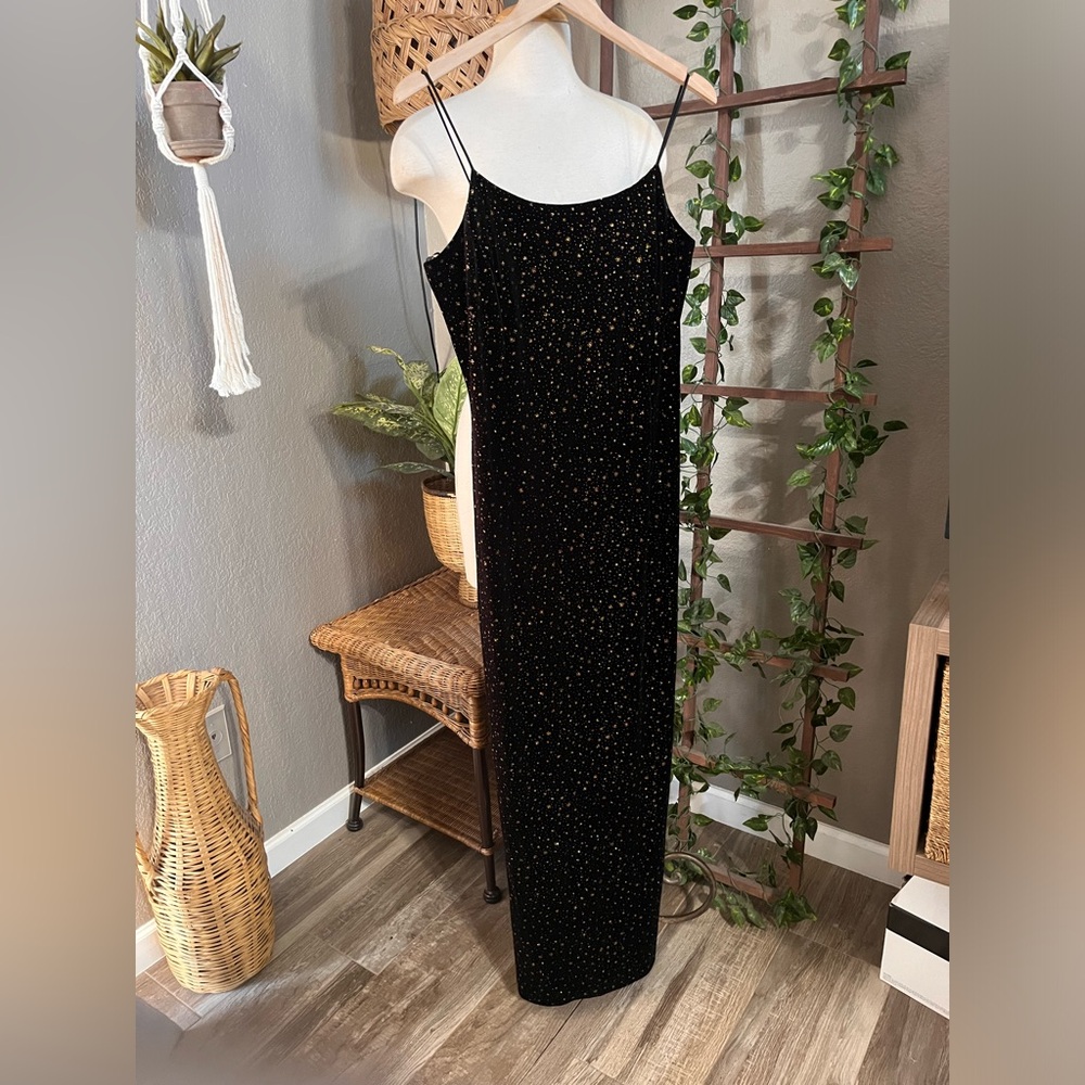 Betsy & Adam Vintage Black Velvet Jeweled Sparkle Maxi Dress Formal Evening Gown - Picture 10 of 17
